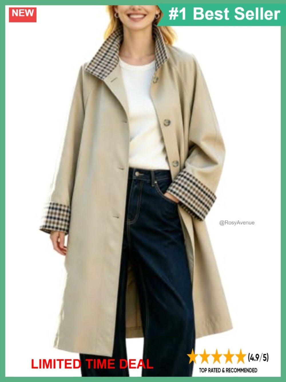 Women's Long Trench Coat Plaid Lined Jacket Pockets Single Breasted